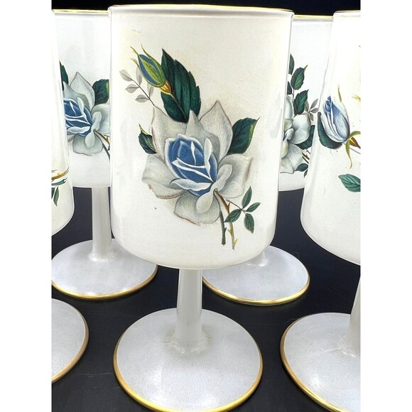 Norleans Frosted Wine Glass White Satin Art Italy Blue Flowers 24K Gold Trim Set - Picture 9 of 13
